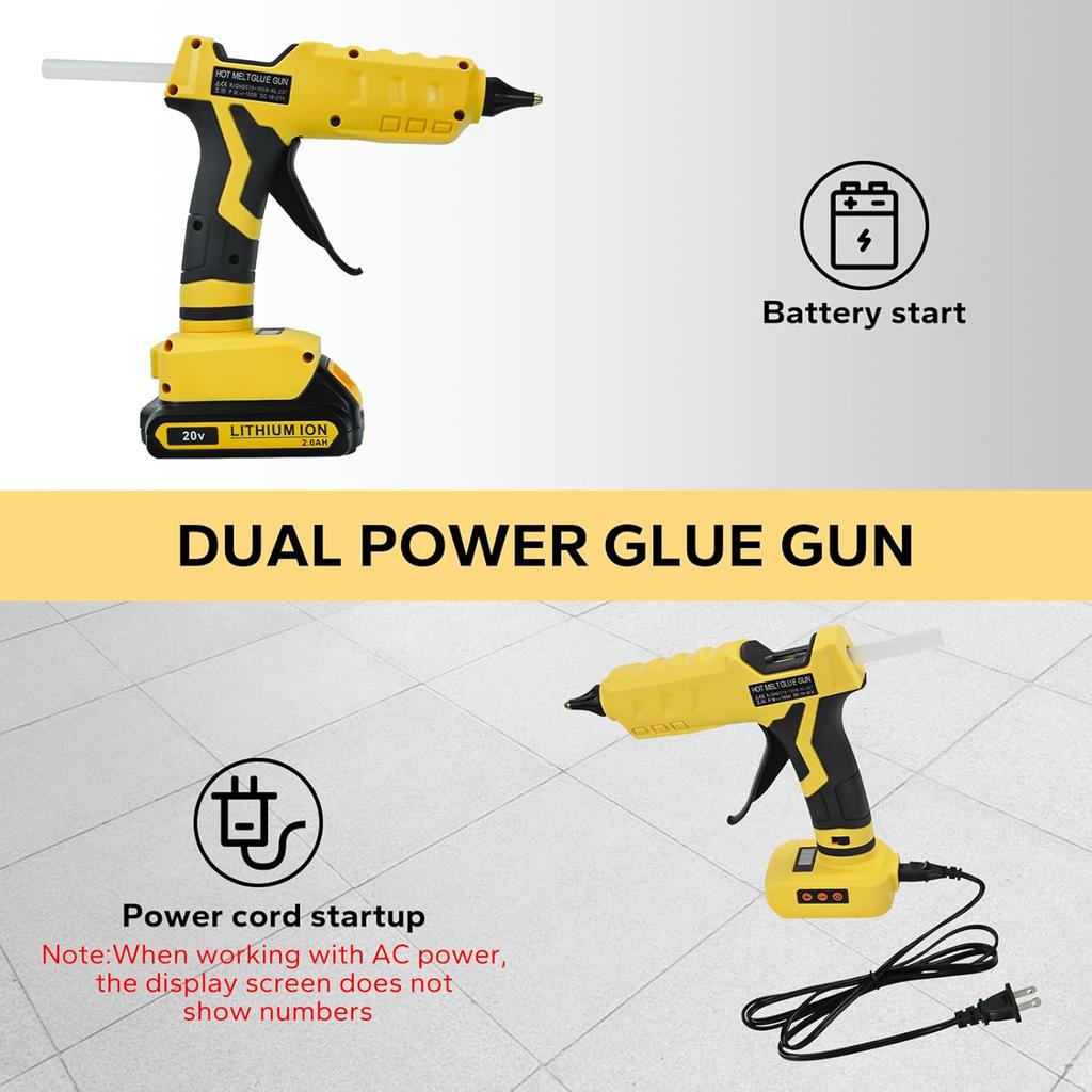 Cordless Glue Gun for Dewalt 20V Battery with Cable & 10Pcs Sticks LCD Digital Display Dual Power Supply Hot Gun Kit(No Battery)