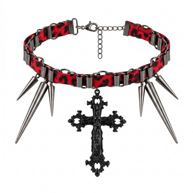 Punk style cross rivet red leather choker sweet cool babes collarbone chain niche design necklace female