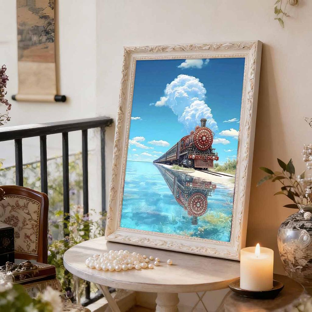 DIY Pearl Painting Set Train By The Lake Pattern Home Decoration Handmade Sticky Diamond Creative Canvas Pearl Art Painting Crafts Perfect Gift
