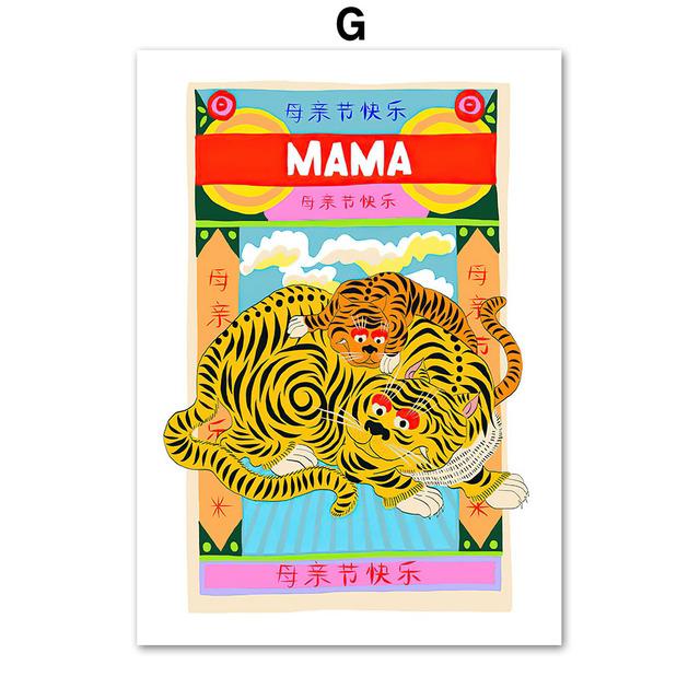 Tiger Mother Cartoon Animal Pink Wild Tiger Snake Wall Art Canvas Painting Nordic Posters Prints Pictures Kids Living Room Decor No Frame