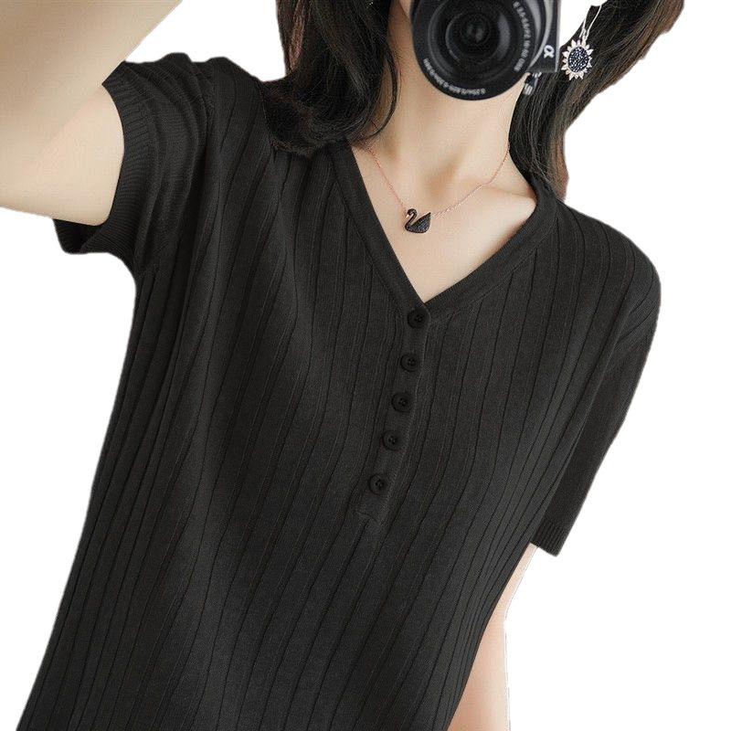 Ice Silk Short Sleeved T-shirt for Women Loose and Slimming V-neck Knitted Sweater Half Sleeved Top