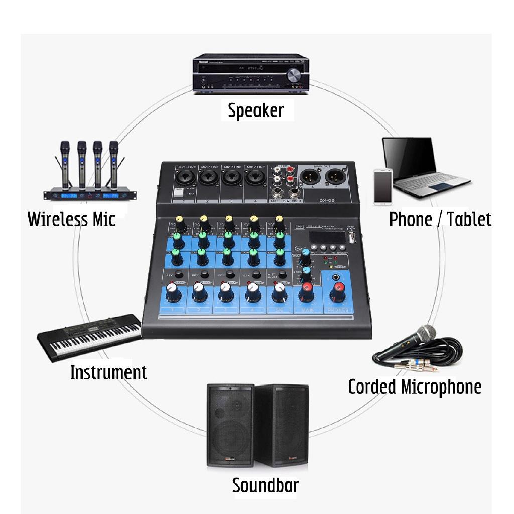 48V Portable Bluetooth 6-Channels Mixing Console Audio Mixer w/USB DJ Sound Mixing Console MP3 Jack Amplifier Karaoke