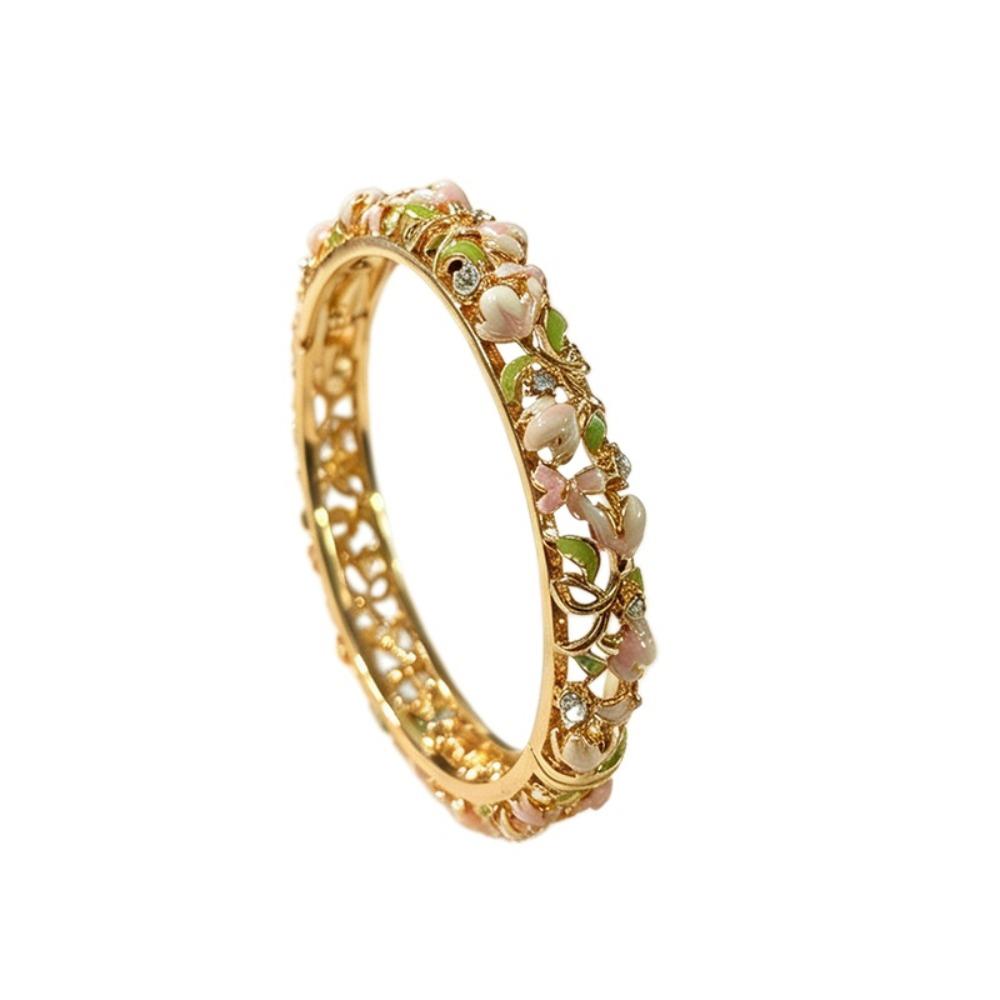 Enamel Chinese Flower Bangle Hollowed Floral Women's Hand Bracelet Vintage Cloisonne Bangle  Ladies