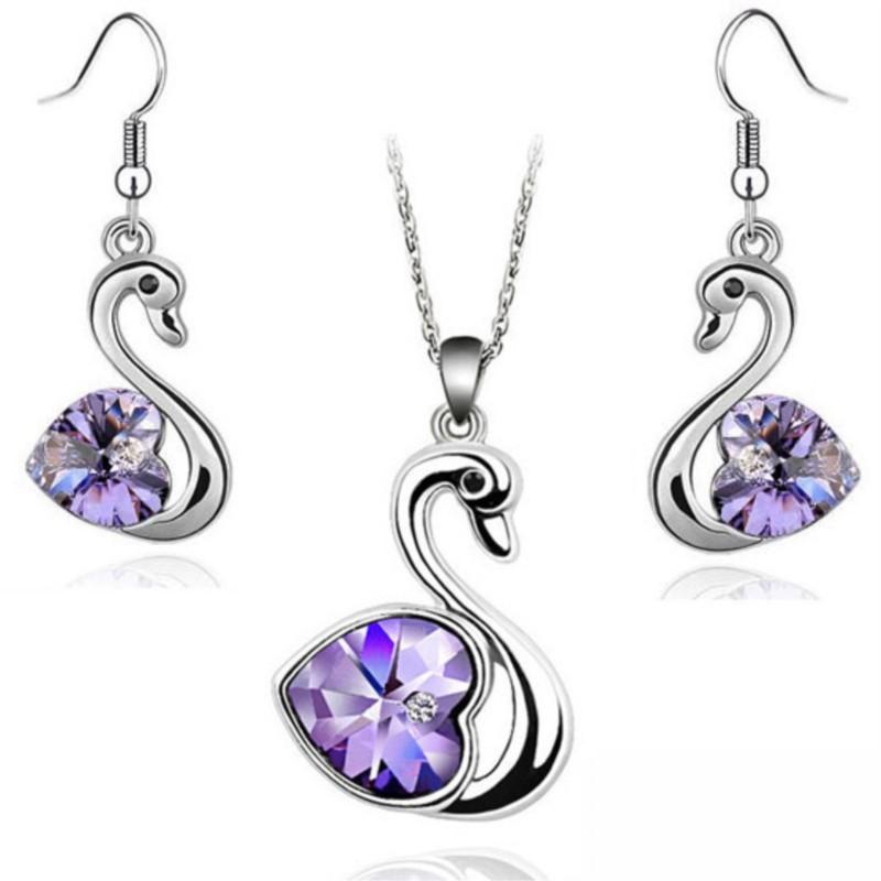 Cigno di cristallo Ciondolo charm amante moda Set di gioielli regalo di compleanno presente Collana Orecchino charm di qualità ragazza appuntamento