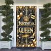 Black Gold Birthday Queen Door Cover Banner 71 X 35 Inch Happy Birthday Backdrop Photography Background Decoration for Women Girls Birthday Party