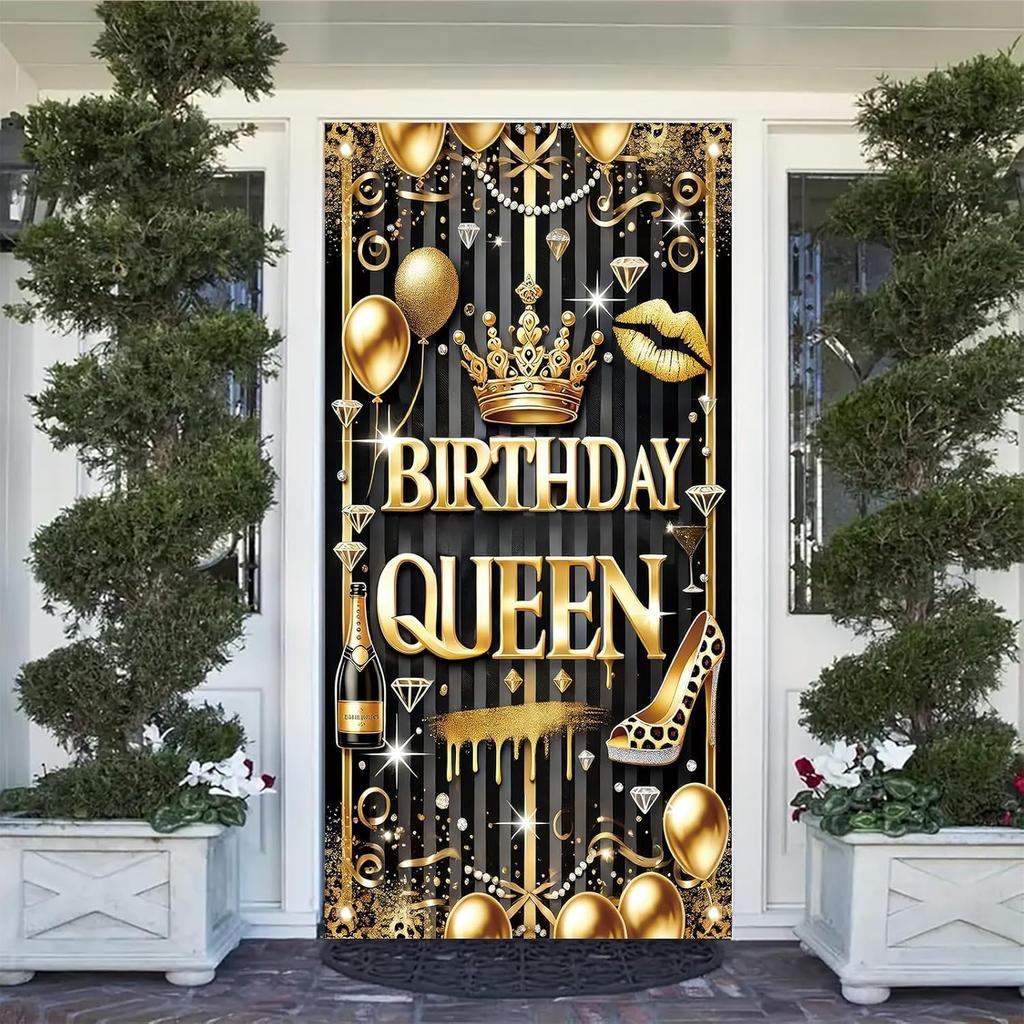 Black Gold Birthday Queen Door Cover Banner 71 X 35 Inch Happy Birthday Backdrop Photography Background Decoration for Women Girls Birthday Party