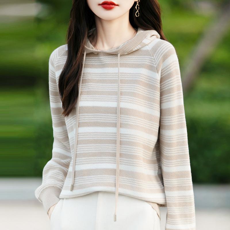 Heavy Thickened Cotton Striped Hoodie for Women In Autumn and Winter New Fashionable and Versatile Warm Knitted Sweater Lazy Hoodie
