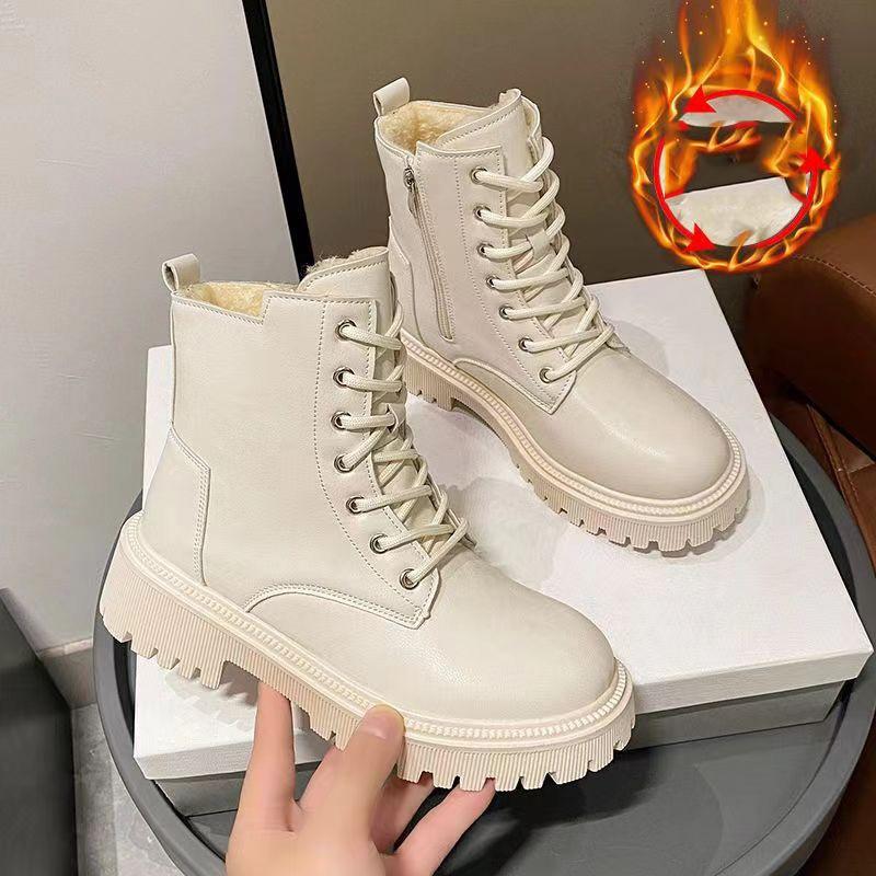 Botas femininas de pelúcia de cor sólida, zíper lateral, sola macia, sola grossa, botas quentes, botas de neve antiderrapantes para inverno