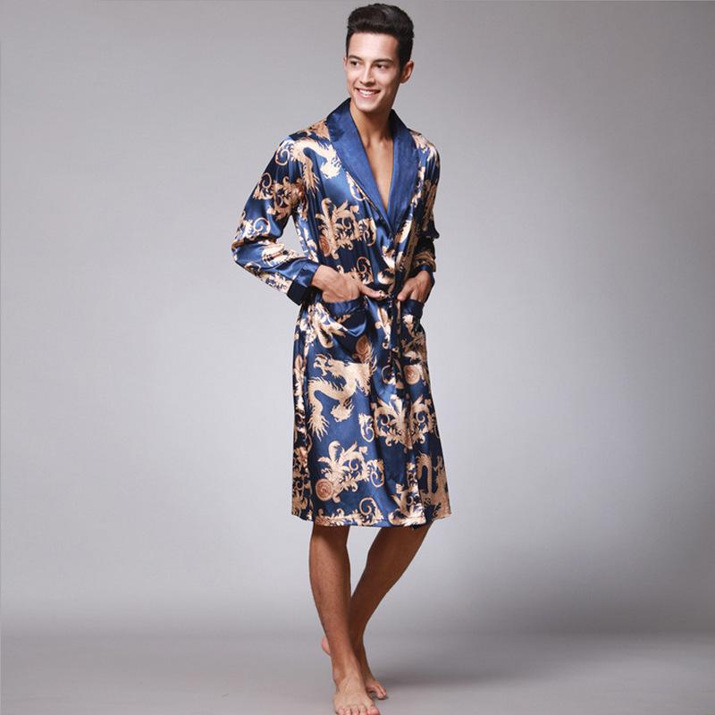 Yaoting Men's Long Sleeve Silk Pajamas and Bathrobe Set, Ice Silk Loungewear