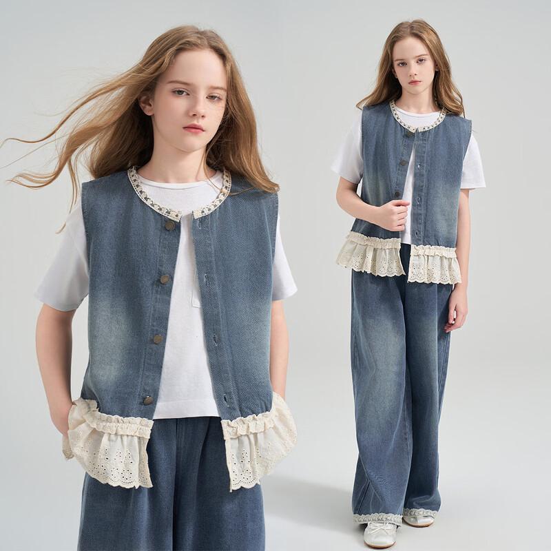Girls  Lace Denim Vest & Wide-Leg Pants Set 160