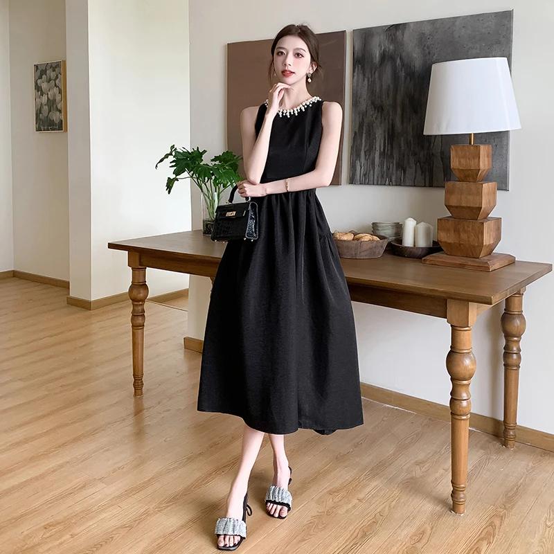 Vintage O-Ausschnitt Ärmelloses Abschlussball-Party-Ballkleid Elegantes Damen Perlen Sommer Tank Kleid für Damen