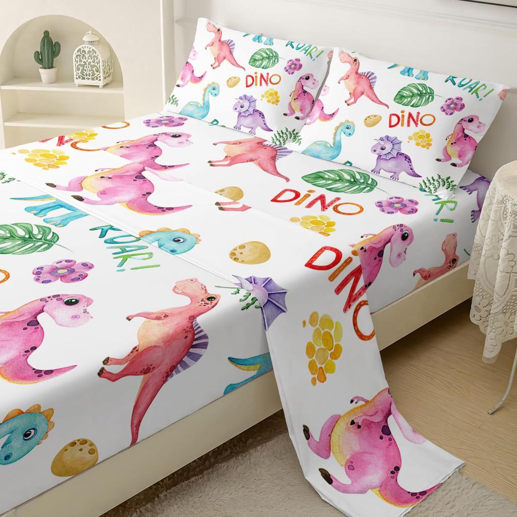 Cute cartoon little dinosaur pattern bed hat four-piece bedding set bedroom dormitory bedding decoration