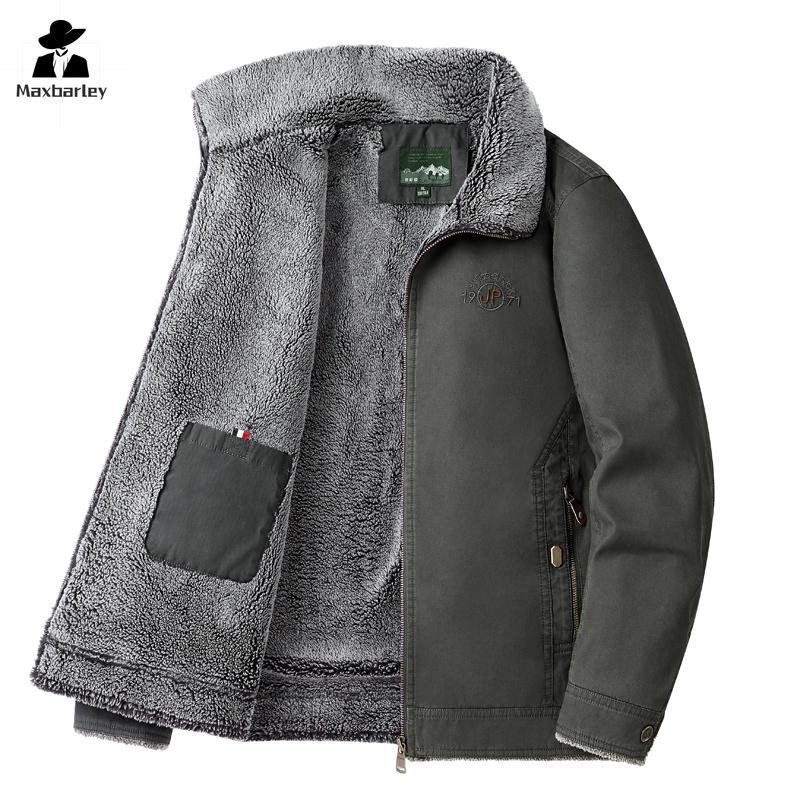 Autumn Winter Men's Jacket High Quality Clothing Thick Sheep Fur Collar Velvet Windproof Coat Male Casual Soft Fleece Warm Parka