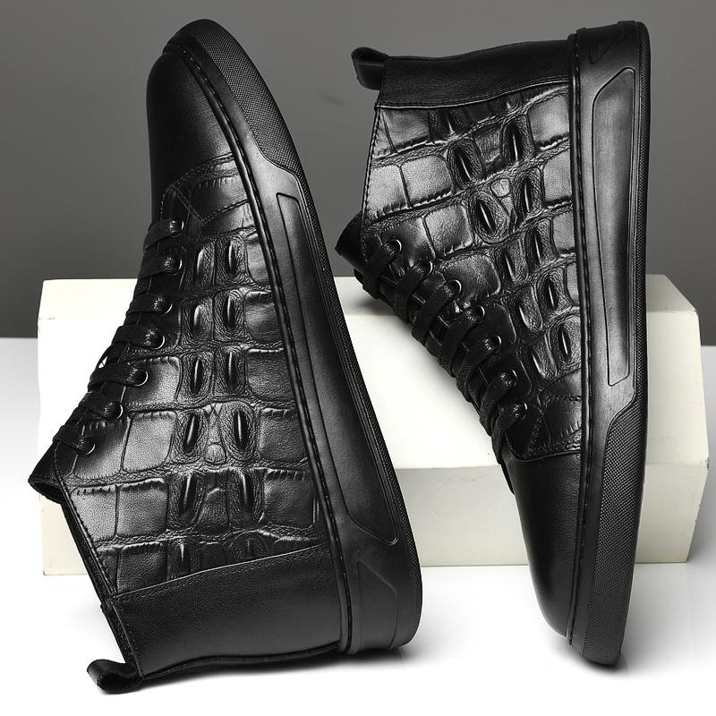 Vinter Herr Äkta Casual Läder Stilfulla Höga Brittisk Stil Chelsea Boots Män Eleganta Svarta Enfärgade Krokodilmönstrade Skor