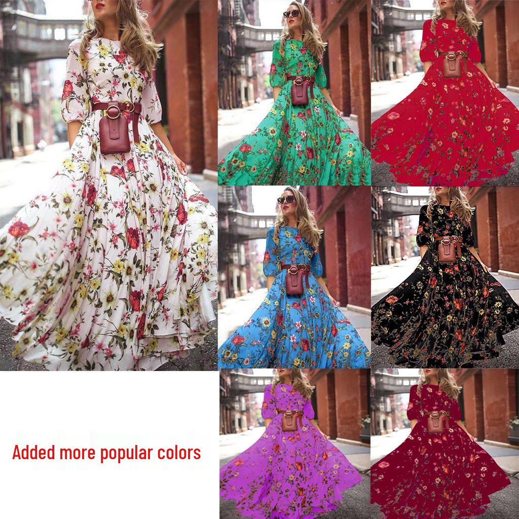2024 Cross-border Chiffon Print Women's Bohemian Long Dress