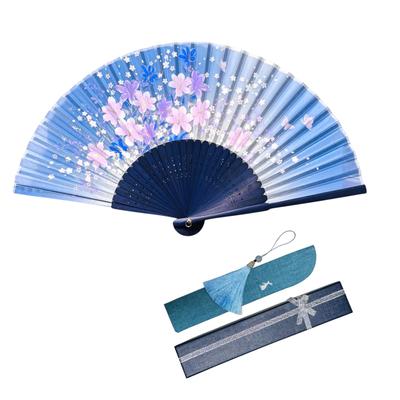 Faltfächer Kirsche Kommt in einer Fächerhülle blau floral [&JuJu] Damen [Saisonale Blumen Blüten, Glockenblumen, Pfingstrose, Lotus] (Lichtmuster)
