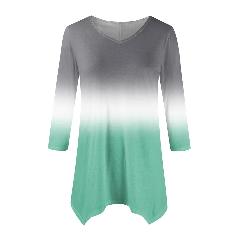 Women's Fashion Casual V-neck Gradual Print Seven-point Sleeve Shirt Belted Loose Comfortable Top