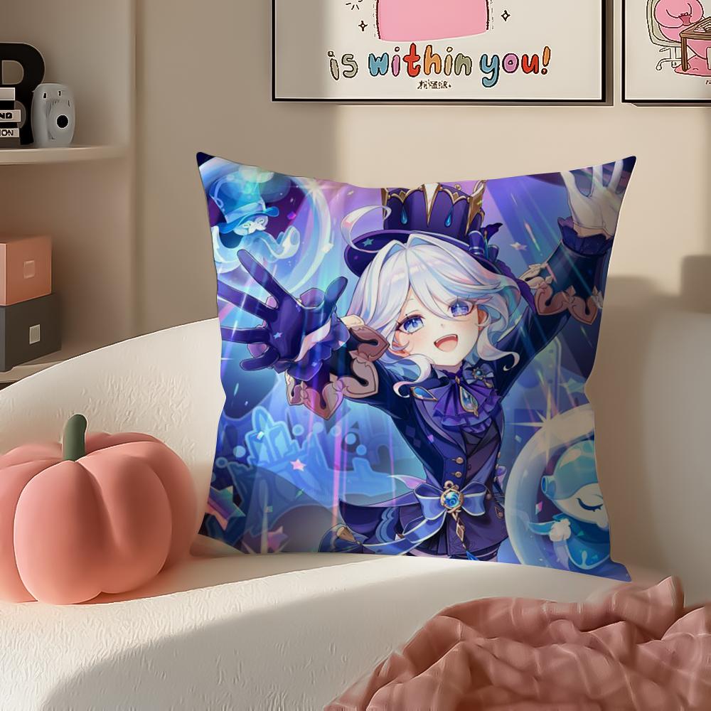 Game Genshin Furina Cushion Cover Pillowcase Short Plush Invisible Zipper Room Sofa Cushion Cover
