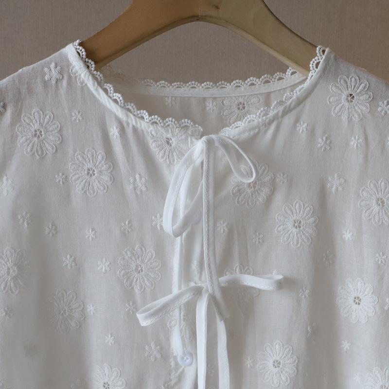 Bi Zheng 2025 Hollow Lace Puff Sleeve Embroidered Shirt for Women