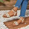 Women's Elegant Floral Embellished Slip-On Sandals  Lightweight Flat Sandals with Elastic Ankle Strap, Open-Toe Summer Beach Shoes
