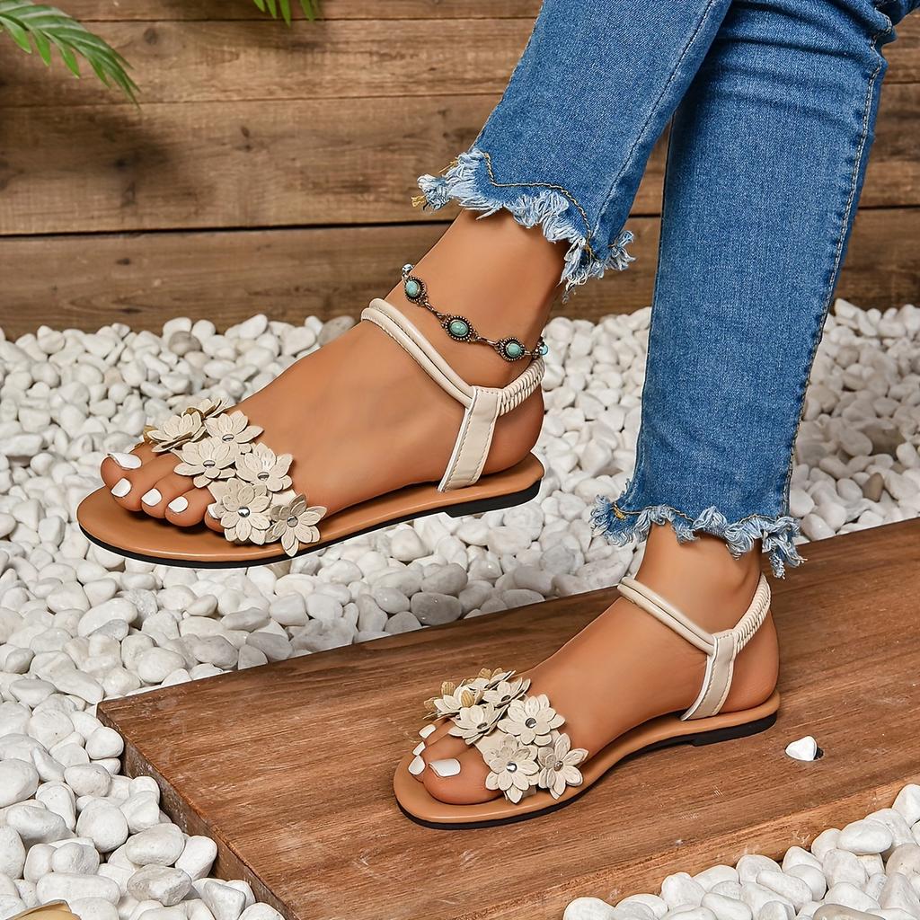 Women's Elegant Floral Embellished Slip-On Sandals  Lightweight Flat Sandals with Elastic Ankle Strap, Open-Toe Summer Beach Shoes