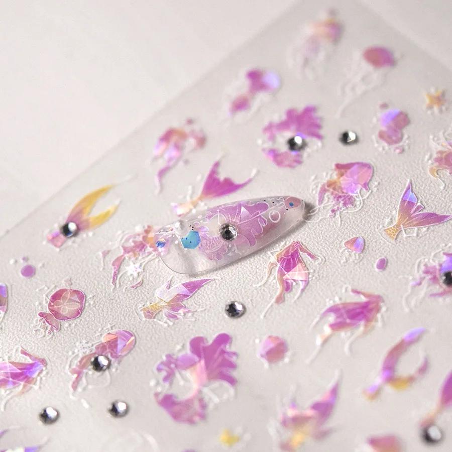 Red Brocaded Carp Koi Cyprinidae Auspicious Fish Spring Flower 5D Nail Art Stickers Fresh Vibrant Relief Adhesive Manicure Decal