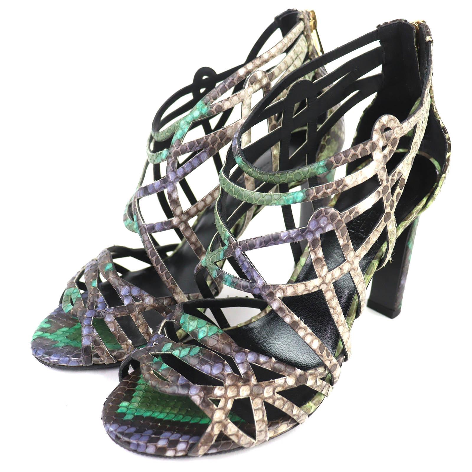 Excellent HERMES Back-Zip Gladiator Sandals Green system Python Women 35.5 Used