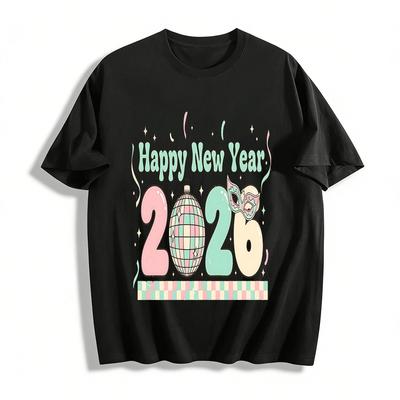2026 Happy New Year Print Casual Top Party Vibe Loose T-Shirt Pure Cotton T-shirt