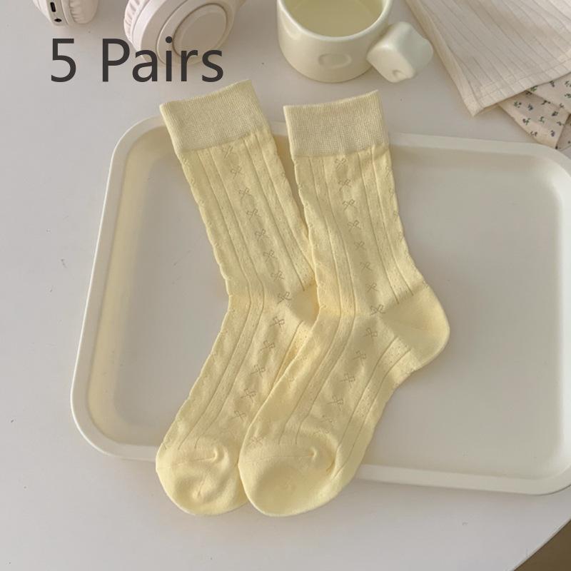 5 Pairs of Women Spring and Summer Thin Sweet Simple Bow In The Tube Pile Socks