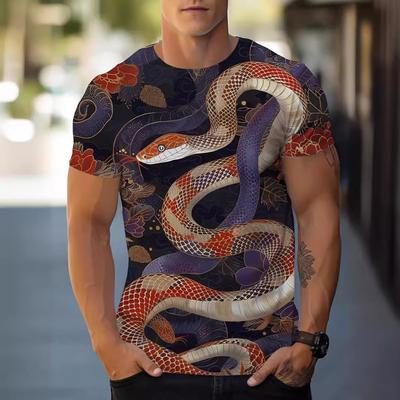 Summer Round Neck 3D Snake Pattern Print Top Fashionable Casual Short Sleeved Men's T-shirts