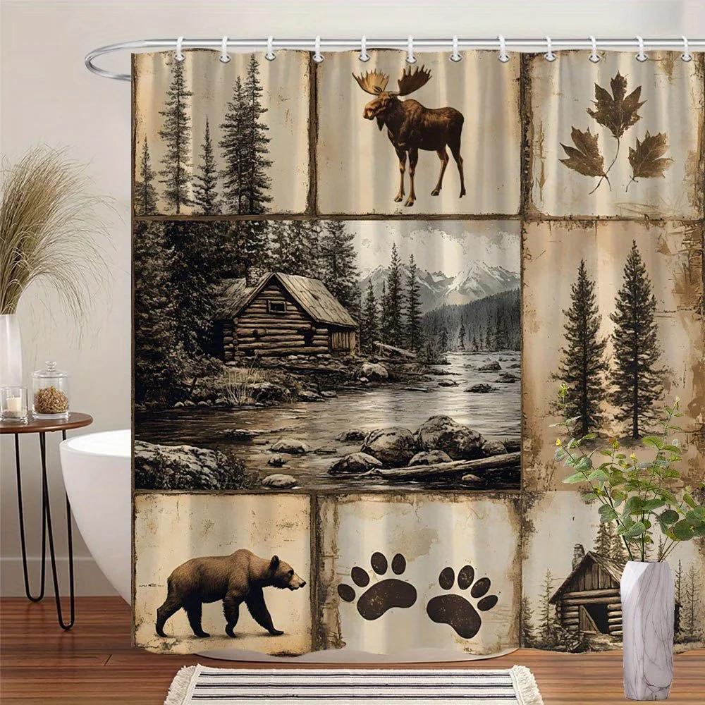 Dunika Chen Rustic Nature Shower Curtain Moose Cabin Mountain Bear Trees Paw Prints Sepia Wilderness Collage Polyester With Hooks