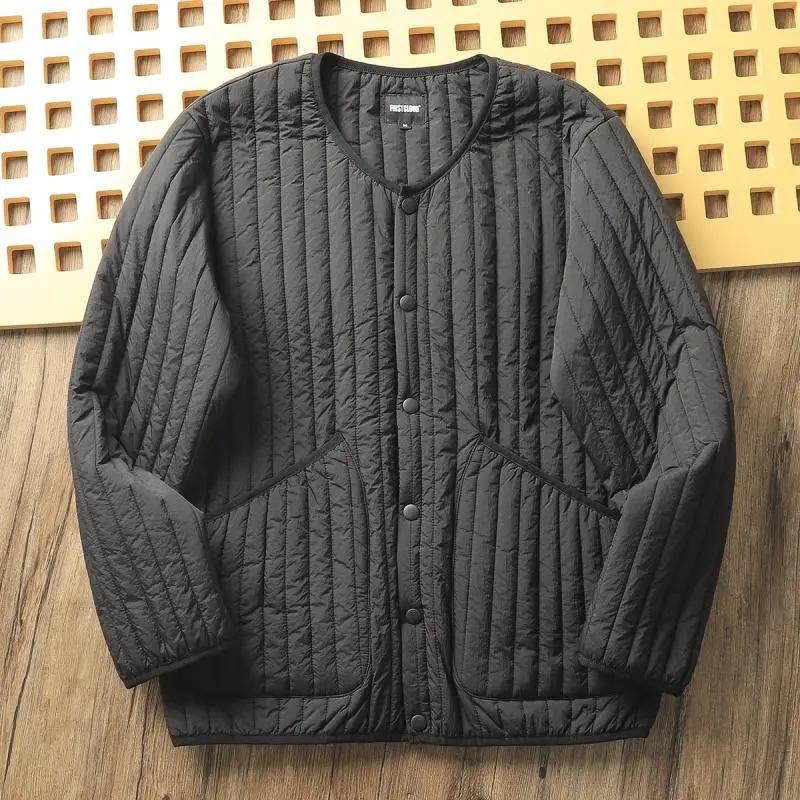 

Men Autumn Winter Stripes Jacket Retro Thick Lightweight Big Pockets Top Warm Stand Collar Padded Jacket XS чёрный
