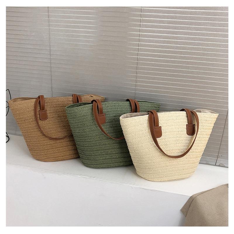 New Solid Color Straw Bag Single Shoulder Machine Nail Knitted Bag Women's Large Capacity Tote Bag Seaside Vacation Beach Bag