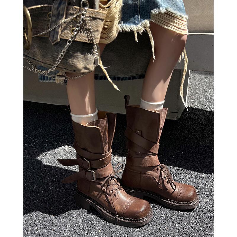 Leather Thick-soled Thick-heeled Polished Martin Boots Women's 2025 New Medium Tube Belt Buckle Locomotive Boots Single Boot Design Sense