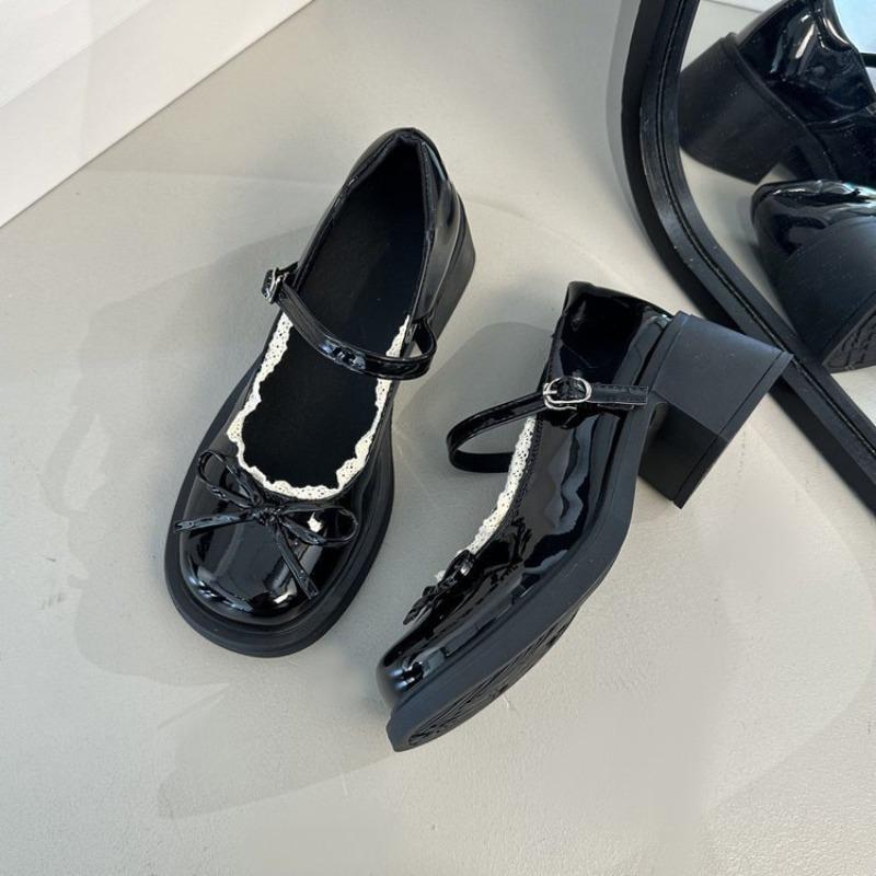

With skirt small leather autumn new versatile light mouth lace bow thick heel Mary Jane shoes women 37 чорний