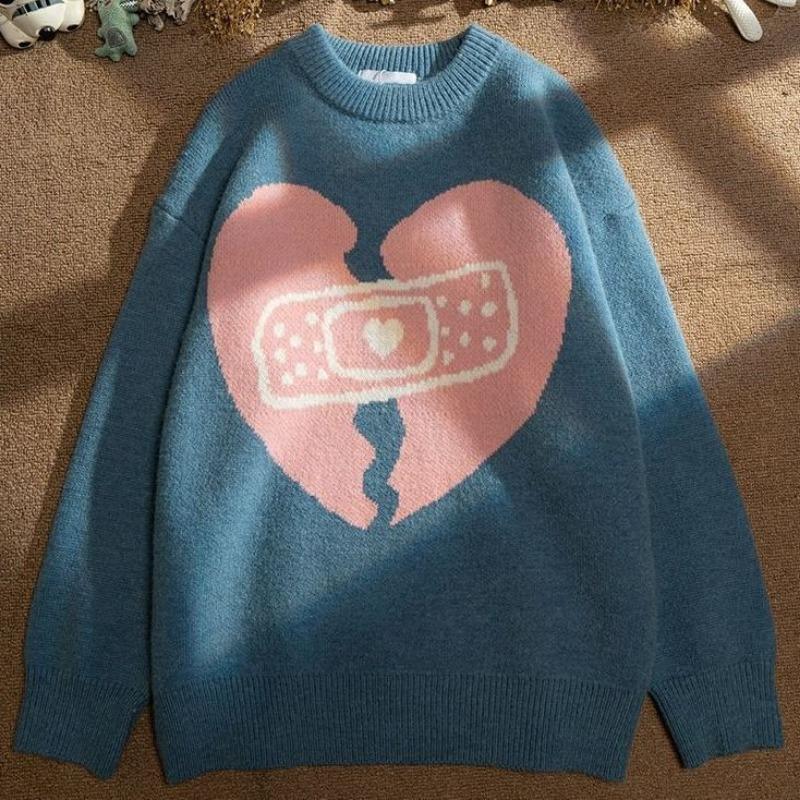 

Синий сердечный женский свитер с принтом, корейский свободный повседневный пуловер для осени и зимы, удобная женская одежда с круглым вырезом One Size