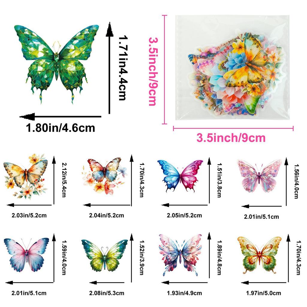 50 PET Farbige Schmetterlingsaufkleber Wasserdichte Aufkleber DIY Wasserbecheraufkleber Handyhülle Dekoration Niedliche Kleine Aufkleber Schmetterlingsaufkleber
