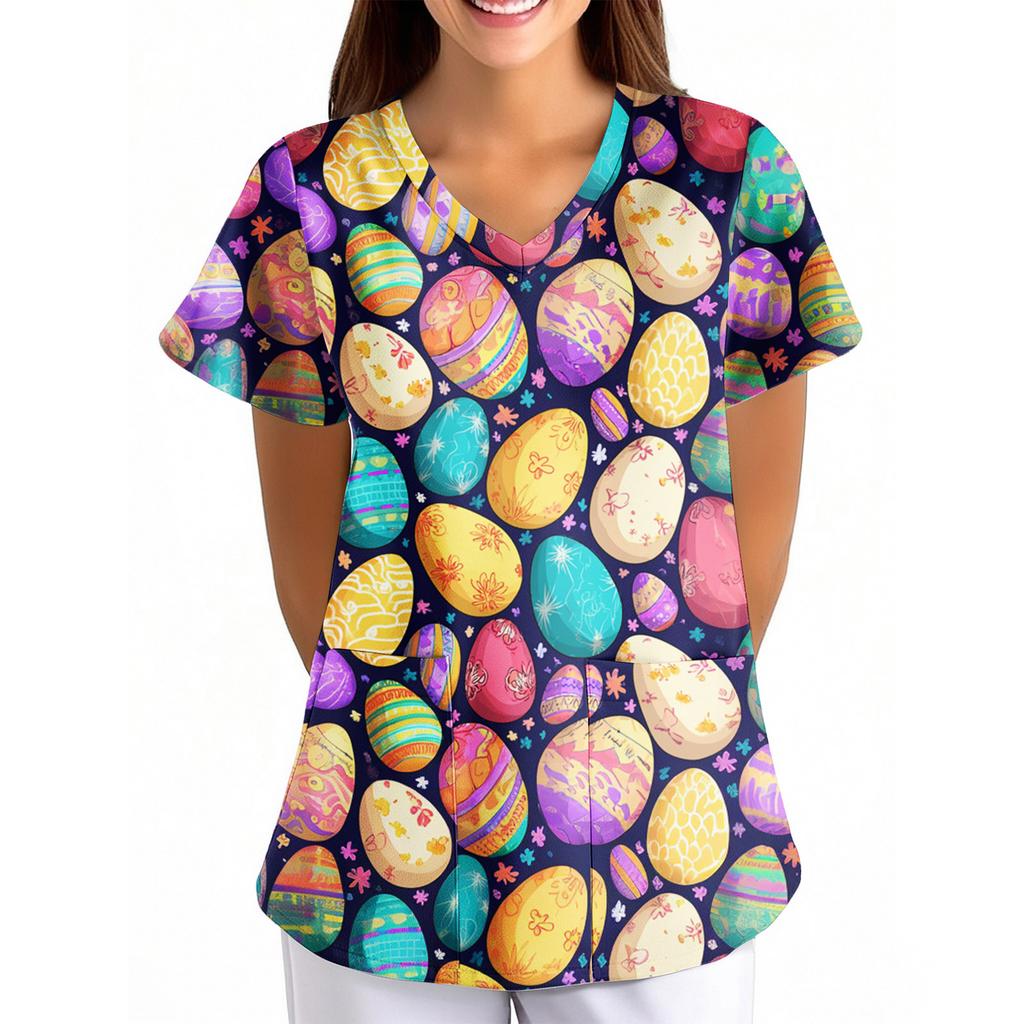T-shirt à imprimé de Pâques pour femme, ample, col en V, avec poche, manches courtes, pour soignant/Uniforme