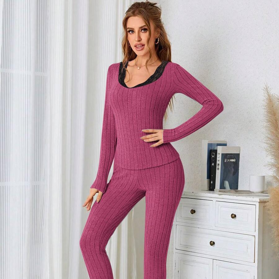 

2025 весна длинный рукав женский хлопок тонкий термобелье лонгсливы женские пижамный комплект однотонное кружево женское термобелье одежда для сна M