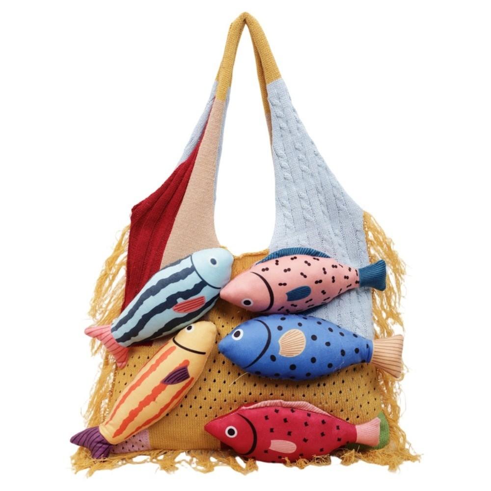 

Fish Hollow Out Woven Bag Summer Tassels Beach Handbag Cotton Crochet Shoulder Bag Shopping Bag Style 11