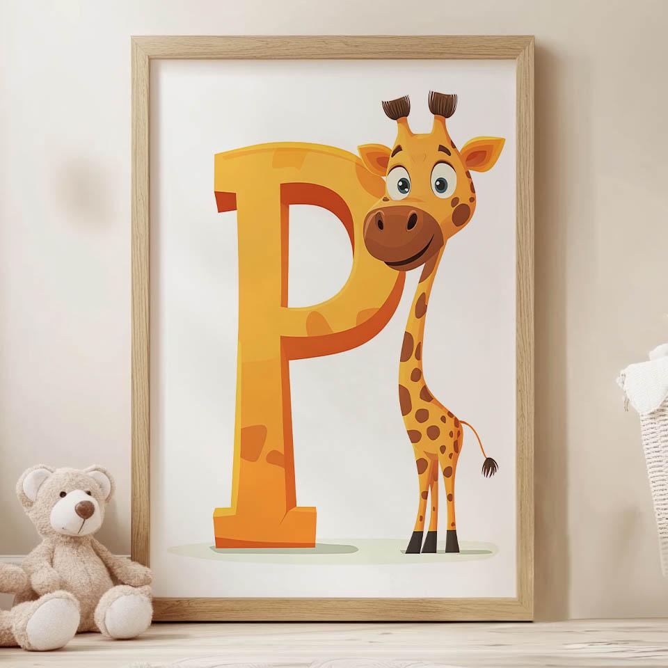 Plakat Wesoła Żyrafa Z Literą P Plakat Wesoła Żyrafa Z Literą P, 50X70 Cm, Bez Ramy, Płótno Premium Na Blejtramie
