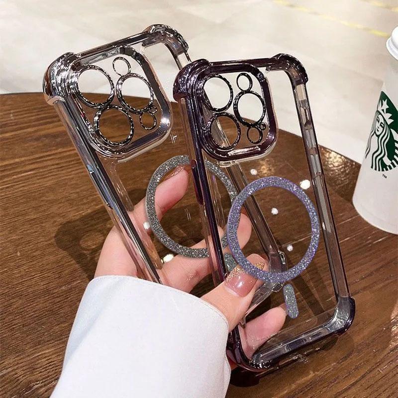 Transparent Plating Shockproof Glitter Magnetic Phone Case For 17 15 16 14 11 12 13 Pro Max Plus 17 Air For Magsafe Cover