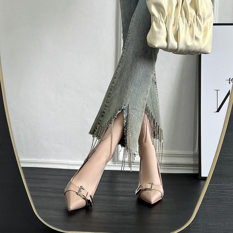 Black stiletto high heels spring new metal buckle pointed patent leather sexy single shoes women's fashion versatile