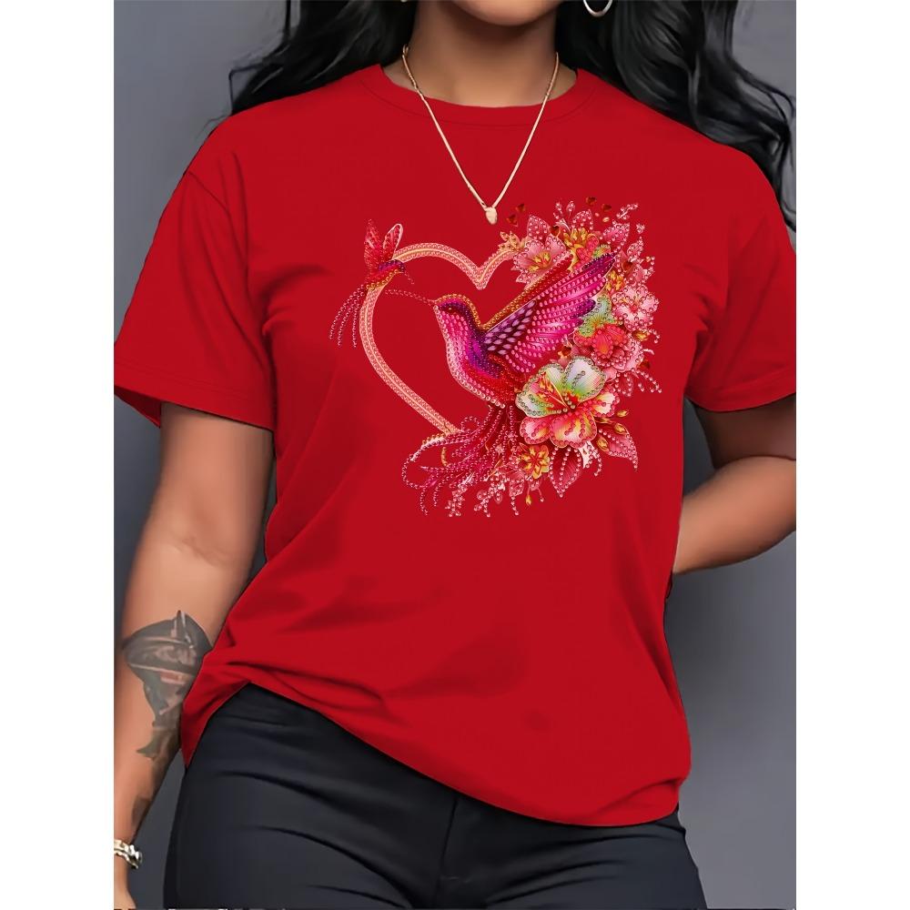 Women Cotton Short Sleeves T-shirts Floral Hummingbird Heart Women s Tee Boho Graphic Casual Pink Top S
