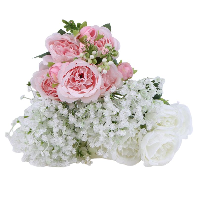Artificial Rose and Gypsophila Set Lifelike Faux Flower Bridal Hand Bouquet for Wedding Prop Party Event Decor