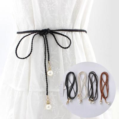 Pearl Waist Chain Elegant Vintage Imitation Leather Slim Belt with Knot for Women for Party Dresses Pants