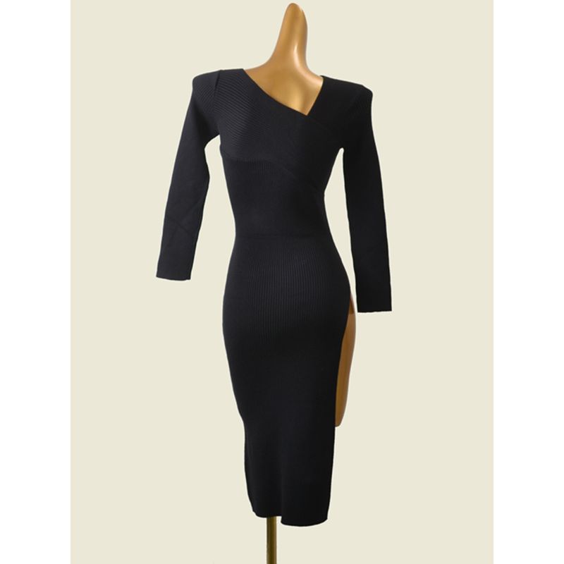 Foreign Trade Women's Clothing Fashion Wind Sexy V-neck Knitting Dress Silm Slim Looking Mid Length Long Length Sheath High Slit Base