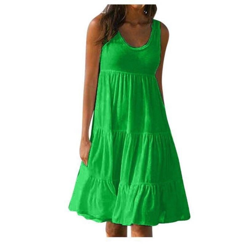 IHUASU Fashion Summer Spring Solid Color Print Sleeveless U-Neck Casual Dresses