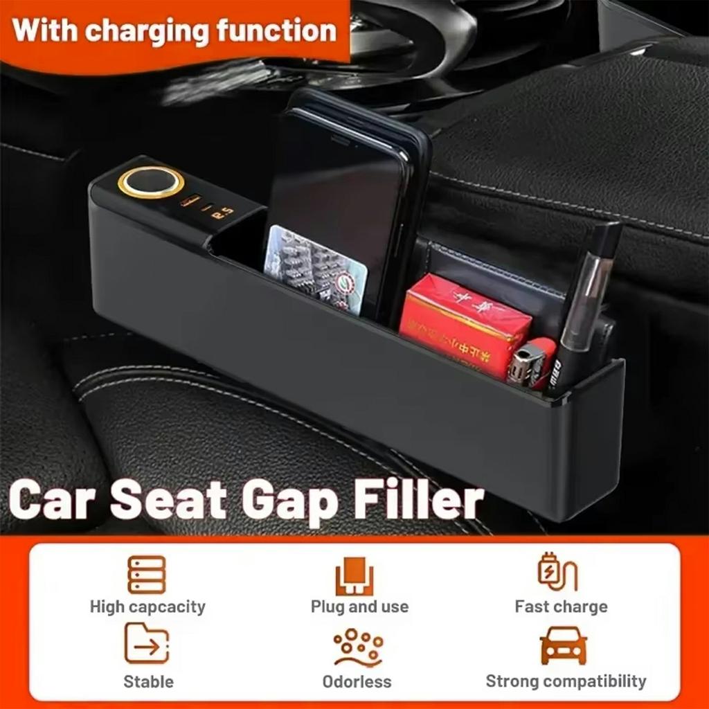 Car Seat Gap Filler Organizer with USB-A + USB-C Fast Charging Ports Multifunctional Storage Box