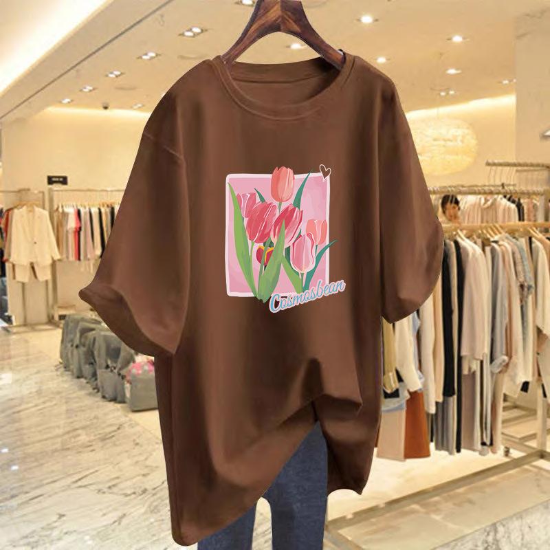 Loose flower print short-sleeved t-shirt women's new fashion alphabet top bottoming shirt